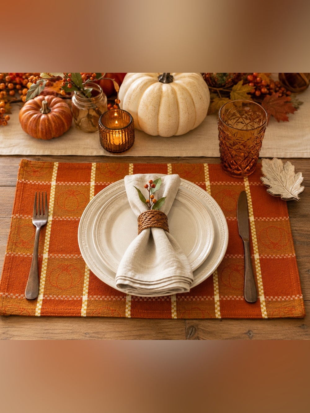 Harvest Orange Checkered Cotton Rectangle Placemats with Pumpkin Design Set of 4